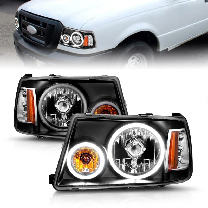 ANZO 2001-2011 Ford Ranger Projector Headlights with Halo Black CCFL, showcasing clear lens and black housing design.