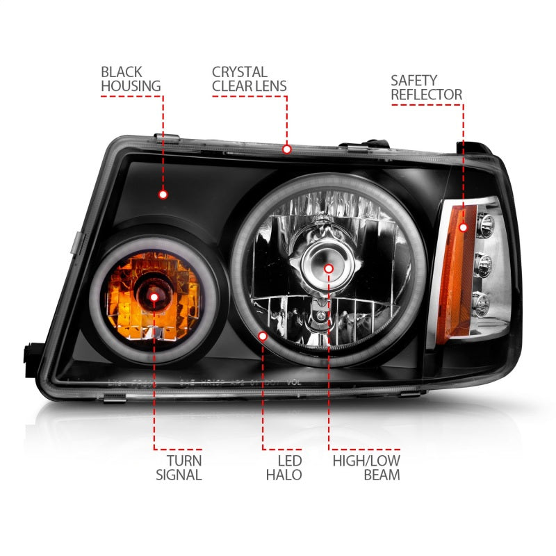 ANZO 2001-2011 Ford Ranger Projector Headlights with Halo Black CCFL, showcasing clear lens and black housing design.