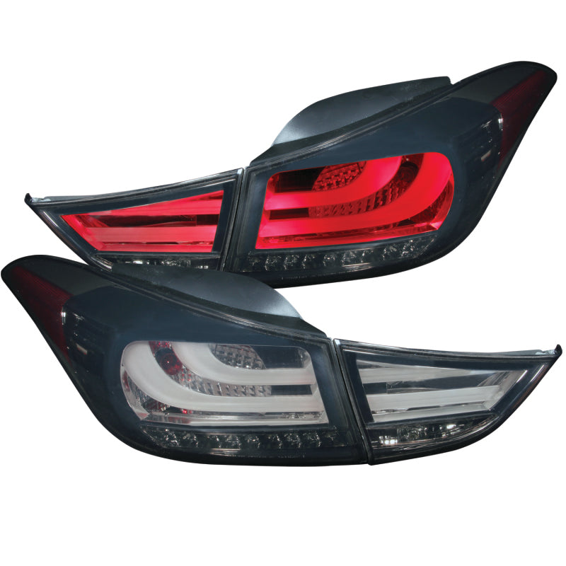 ANZO LED taillights for 2011-2013 Hyundai Elantra with smoke lens, showcasing modern design and bright illumination.