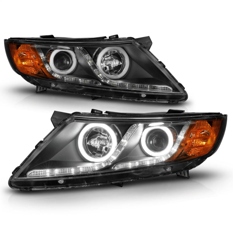 ANZO 2011-2013 Kia Optima Projector Headlights with Halo Black housing, showcasing clear lens and modern design.