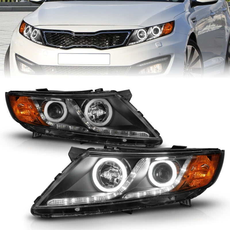 ANZO 2011-2013 Kia Optima Projector Headlights with Halo Black housing, showcasing clear lens and modern design.