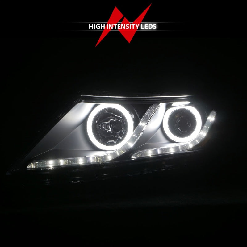 ANZO 2011-2013 Kia Optima Projector Headlights with Halo Black housing, showcasing clear lens and modern design.