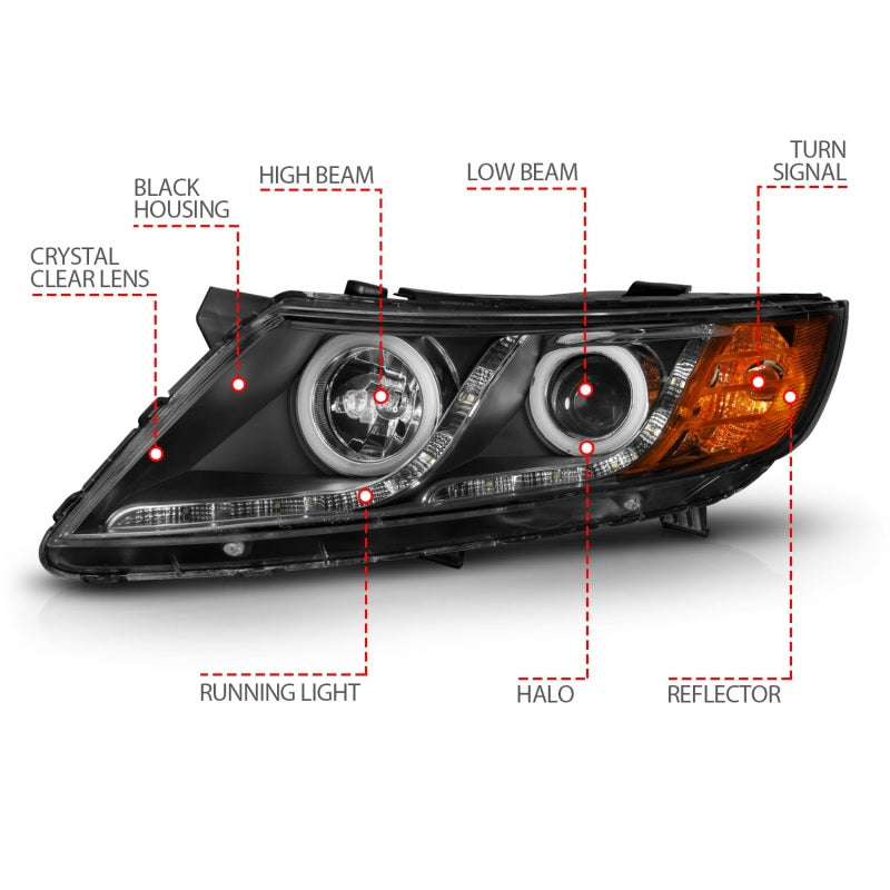 ANZO 2011-2013 Kia Optima Projector Headlights with Halo Black housing, showcasing clear lens and modern design.