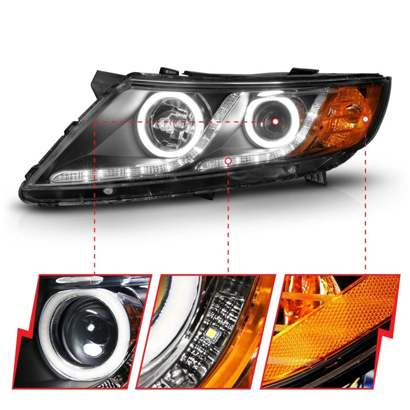 ANZO 2011-2013 Kia Optima Projector Headlights with Halo Black housing, showcasing clear lens and modern design.