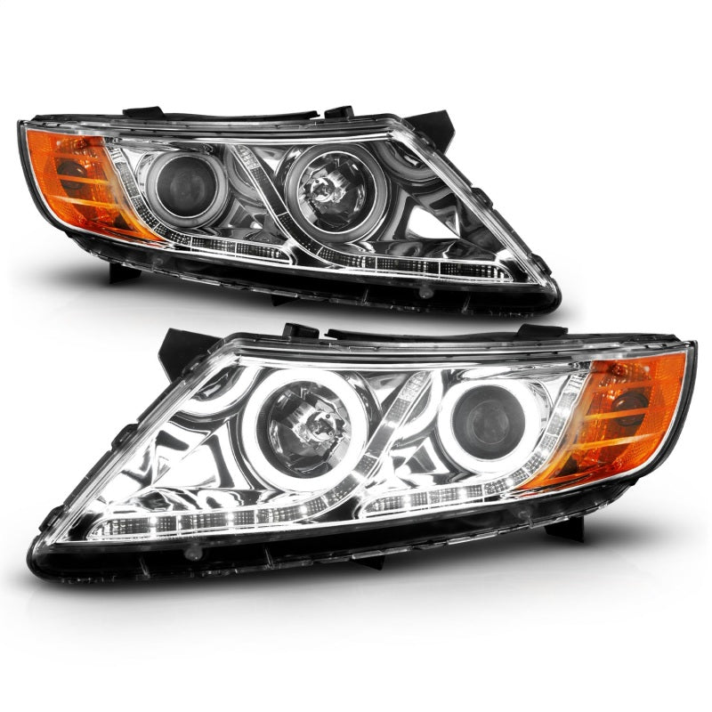 ANZO 2011-2013 Kia Optima Projector Headlights with Halo Chrome, showcasing clear lens and chrome housing.