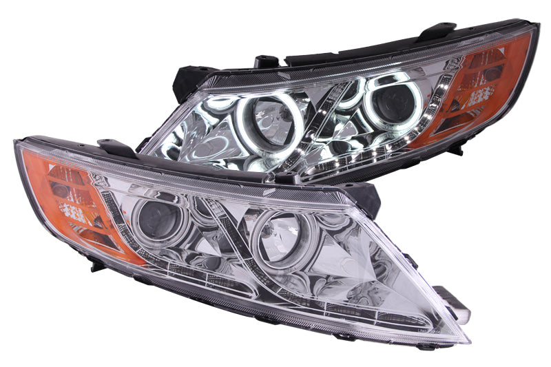 ANZO 2011-2013 Kia Optima Projector Headlights with Halo Chrome, showcasing clear lens and chrome housing.