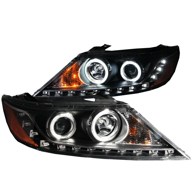 ANZO 2011-2013 Kia Sorento Projector Headlights with Halo Black, featuring clear lens and black housing for enhanced style and visibility.