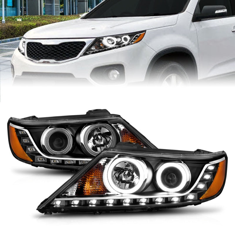 ANZO 2011-2013 Kia Sorento Projector Headlights with Halo Black, featuring clear lens and black housing for enhanced style and visibility.