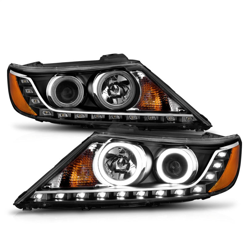 ANZO 2011-2013 Kia Sorento Projector Headlights with Halo Black, featuring clear lens and black housing for enhanced style and visibility.