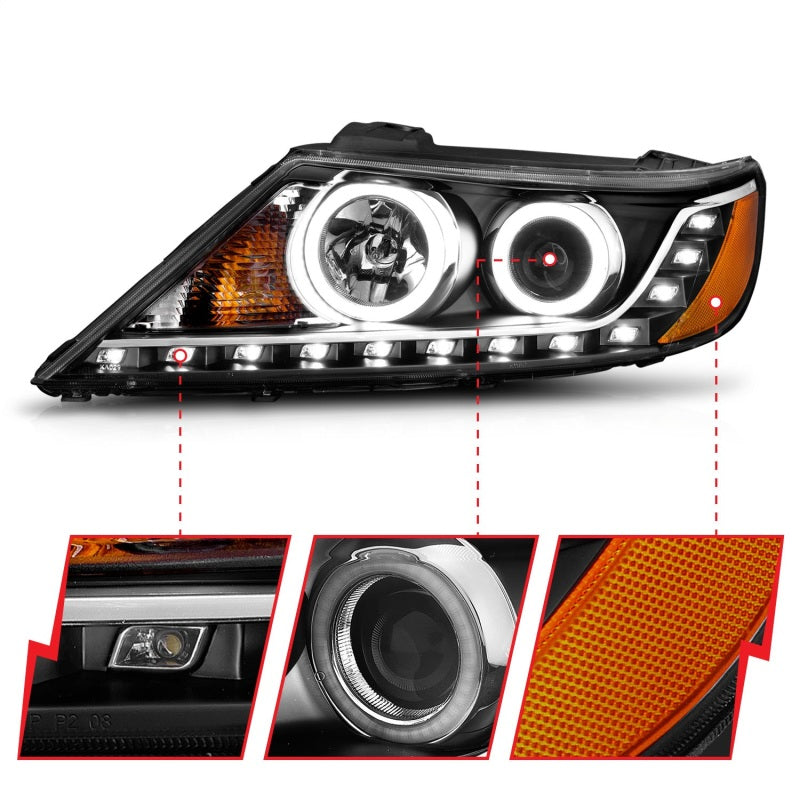 ANZO 2011-2013 Kia Sorento Projector Headlights with Halo Black, featuring clear lens and black housing for enhanced style and visibility.