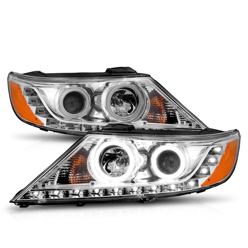 ANZO 2011-2013 Kia Sorento Projector Headlights with Halo Chrome, showcasing clear lens and chrome housing.