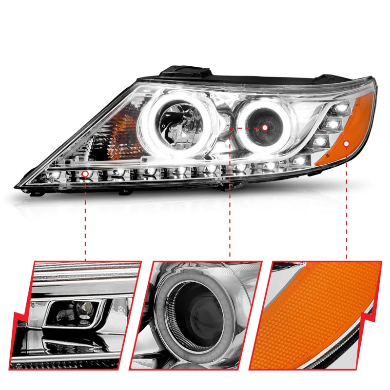 ANZO 2011-2013 Kia Sorento Projector Headlights with Halo Chrome, showcasing clear lens and chrome housing.