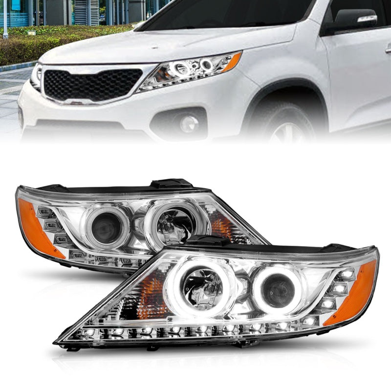 ANZO 2011-2013 Kia Sorento Projector Headlights with Halo Chrome, showcasing clear lens and chrome housing.