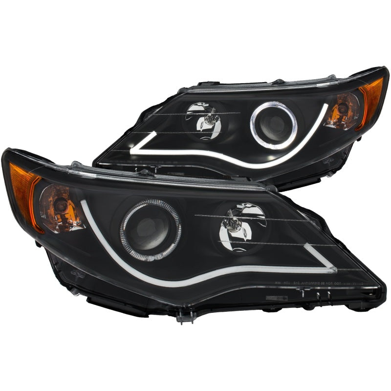 ANZO projector headlights for 2012-2013 Toyota Camry with halo design, showcasing sleek black finish and modern styling.