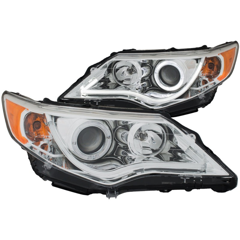 ANZO projector headlights with halo chrome design for 2012-2013 Toyota Camry, showcasing modern styling and superior illumination.