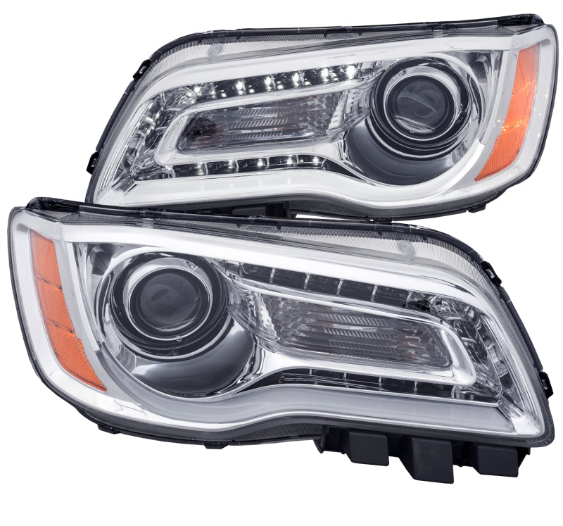 ANZO projector headlights for 2011-2014 Chrysler 300 with clear lens and chrome housing, featuring a plank style design.