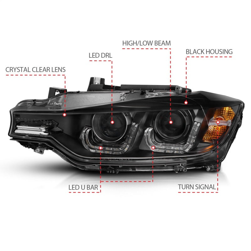 ANZO 2012-2015 BMW 3 Series projector headlights with U-Bar design in black housing, showcasing modern styling and superior illumination.