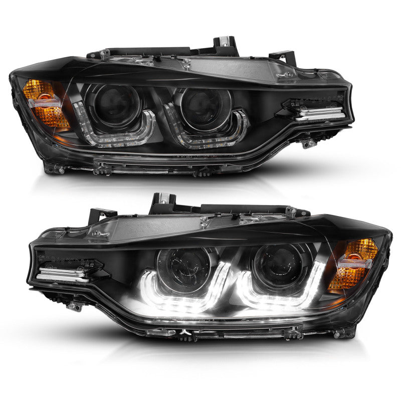 ANZO 2012-2015 BMW 3 Series projector headlights with U-Bar design in black housing, showcasing modern styling and superior illumination.