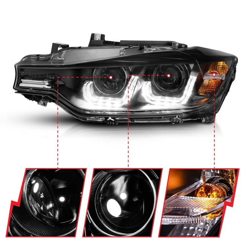 ANZO 2012-2015 BMW 3 Series projector headlights with U-Bar design in black housing, showcasing modern styling and superior illumination.