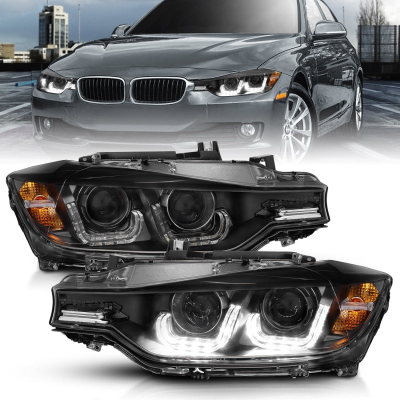 ANZO 2012-2015 BMW 3 Series projector headlights with U-Bar design in black housing, showcasing modern styling and superior illumination.