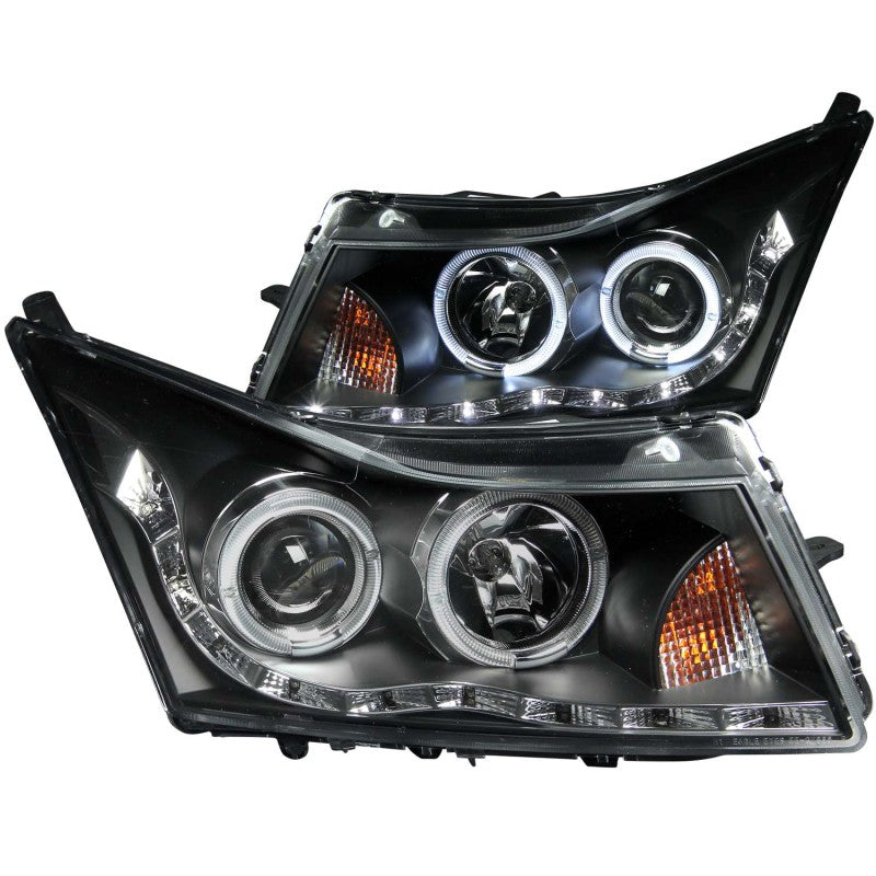 ANZO 2011-2015 Chevrolet Cruze Projector Headlights with Halo and LED, featuring black housing and clear lens for enhanced visibility.