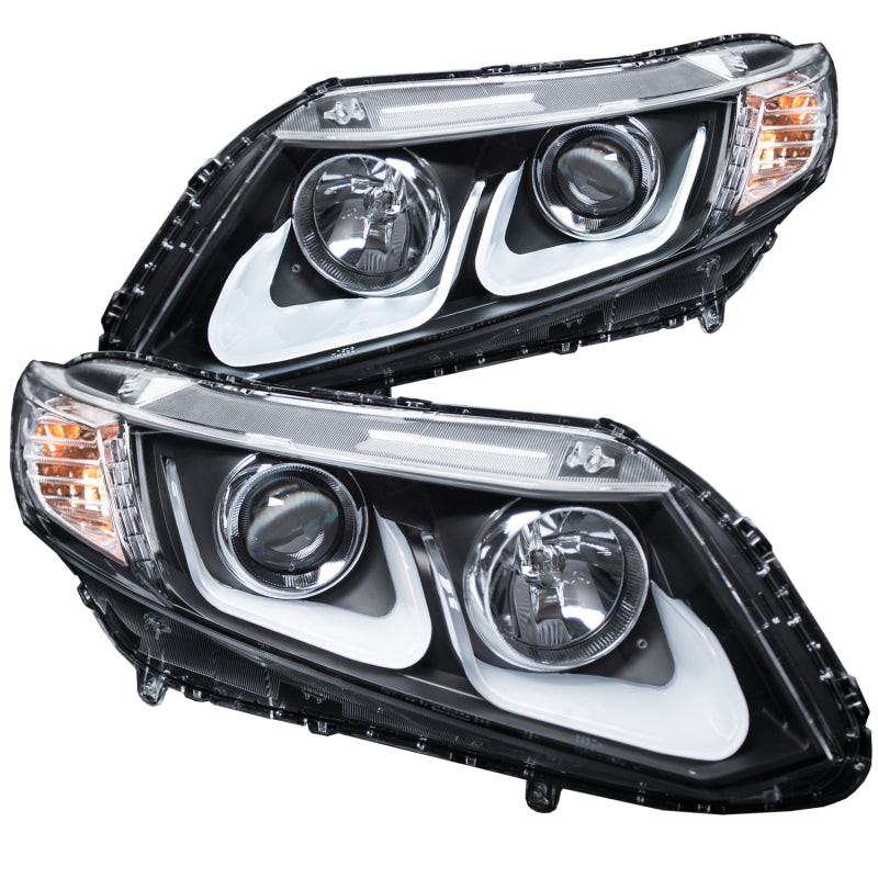 ANZO 2012-2015 Honda Civic projector headlights with U-Bar design in black housing, showcasing clear lens and modern styling.