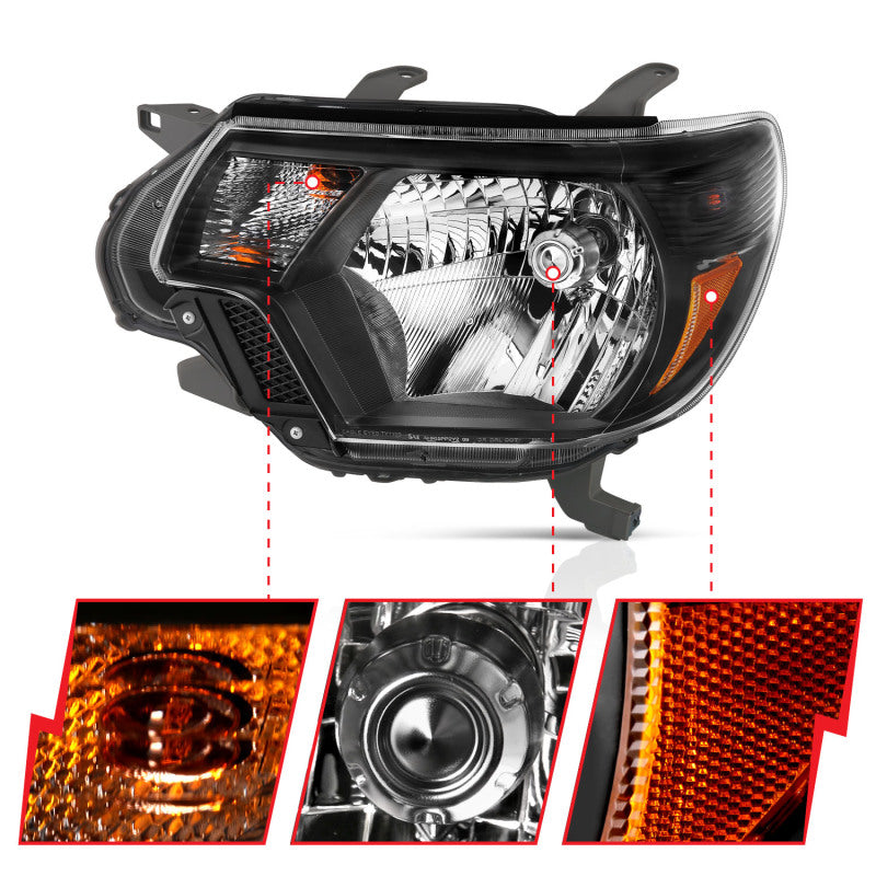 ANZO Crystal Headlights for 2012-2015 Toyota Tacoma with clear lens and black housing.