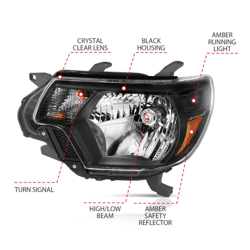 ANZO Crystal Headlights for 2012-2015 Toyota Tacoma with clear lens and black housing.