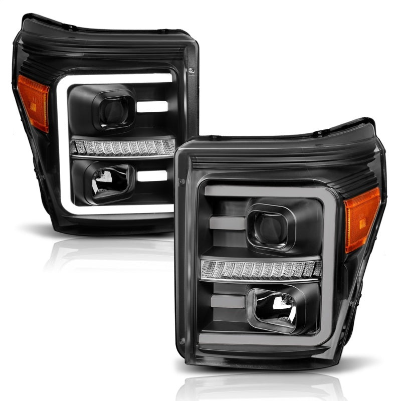 ANZO 2011-2016 Ford F250 Projector Headlights with plank style switchback, showcasing modern design and enhanced visibility.