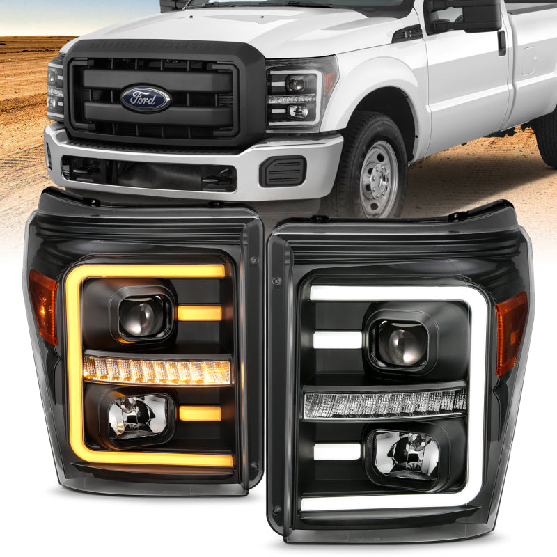 ANZO 2011-2016 Ford F250 Projector Headlights with plank style switchback, showcasing modern design and enhanced visibility.