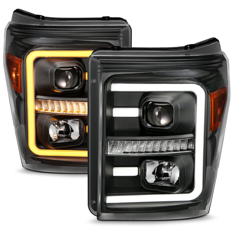 ANZO 2011-2016 Ford F250 Projector Headlights with plank style switchback, showcasing modern design and enhanced visibility.