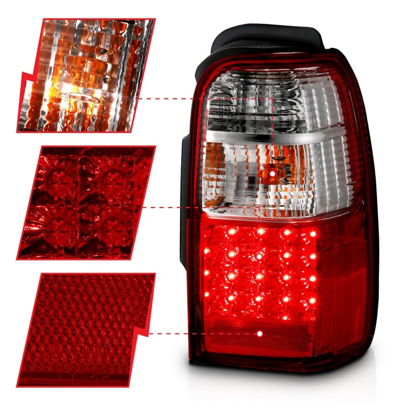 ANZO LED taillights for 2001-2002 Toyota 4Runner in red and clear lens, showcasing modern design and bright illumination.