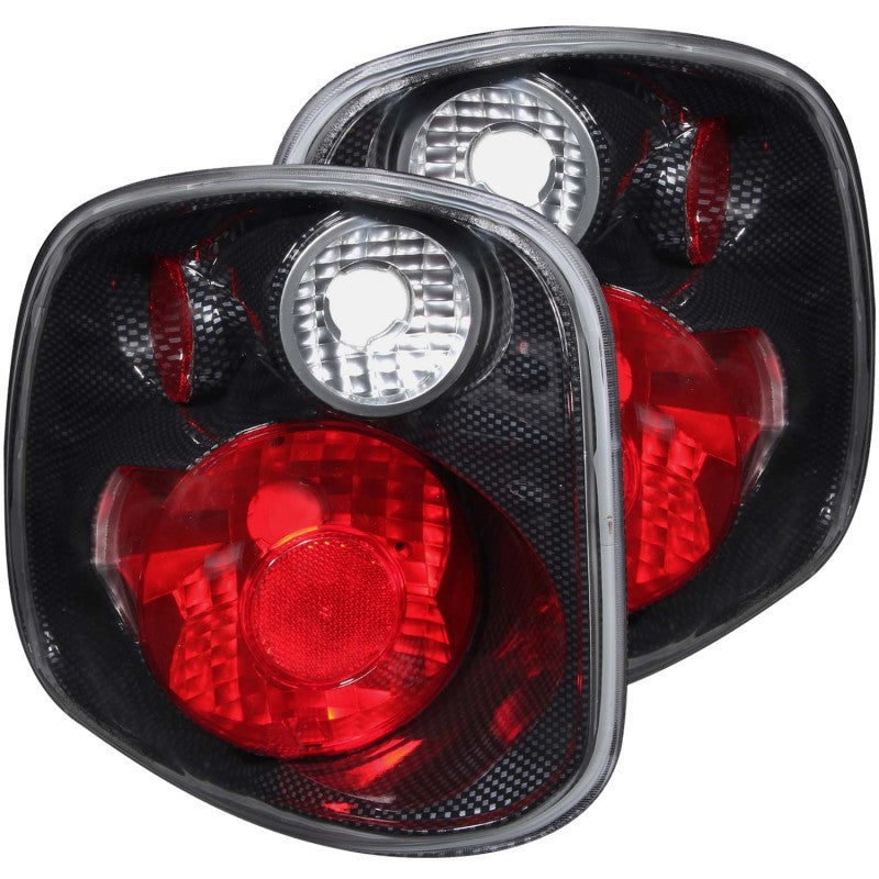 ANZO 2001-2003 Ford F-150 taillights featuring clear/red lens and carbon housing, designed for easy installation.