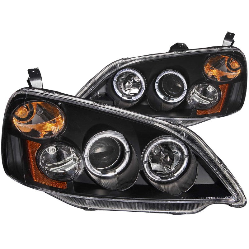 ANZO 2001-2003 Honda Civic projector headlights with halo black housing and clear lens, showcasing modern design and enhanced visibility.