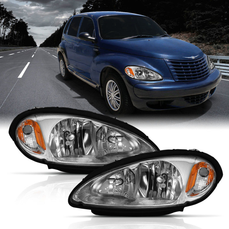 ANZO Crystal Headlight for 2001-2005 Chrysler PT Cruiser featuring chrome housing and amber lens.