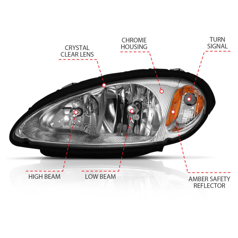 ANZO Crystal Headlight for 2001-2005 Chrysler PT Cruiser featuring chrome housing and amber lens.