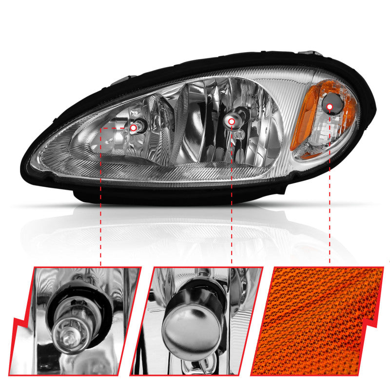 ANZO Crystal Headlight for 2001-2005 Chrysler PT Cruiser featuring chrome housing and amber lens.