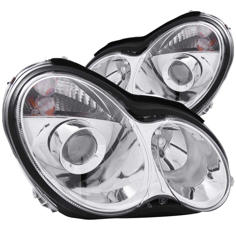 ANZO projector headlights for 2001-2007 Mercedes Benz C Class with chrome housing and clear lens.