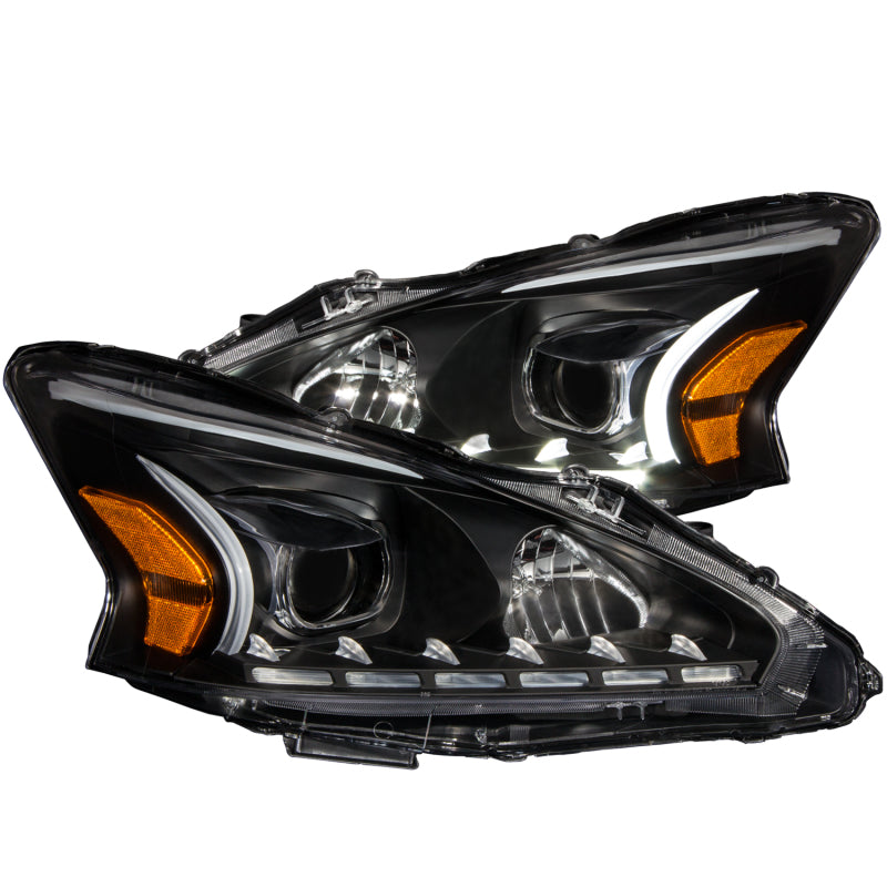 ANZO 2013-2014 Nissan Altima Projector Headlights with clear lens and black housing, showcasing plank style design.