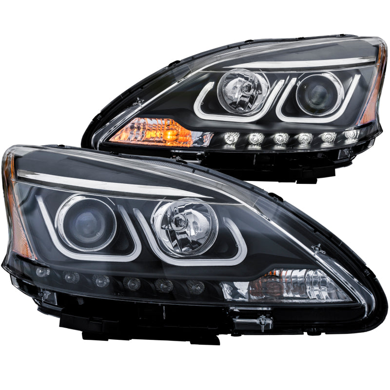 ANZO projector headlights for 2013-2015 Nissan Sentra with U-Bar design and black housing, showcasing clear lens and modern styling.