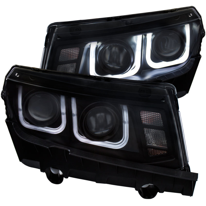 ANZO 2014-2015 Chevrolet Camaro projector headlights with U-Bar design in black, showcasing modern styling and superior illumination.