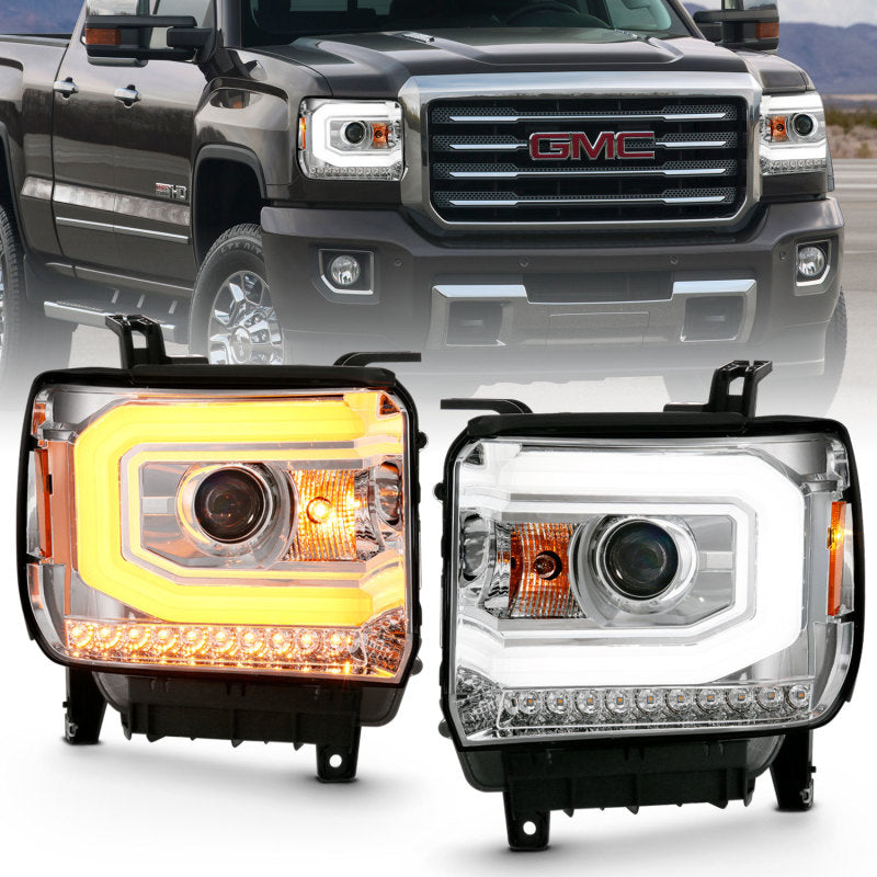 ANZO 2014-2015 GMC Sierra 1500 Projector Headlight in chrome finish, showcasing its sleek plank style design.