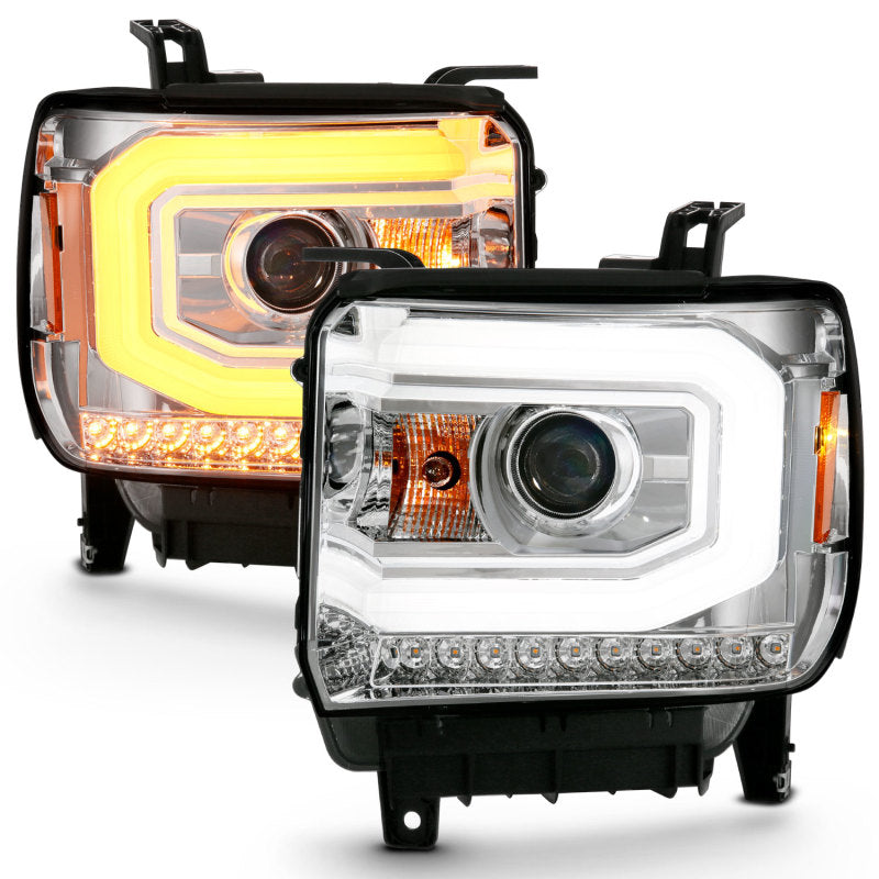 ANZO 2014-2015 GMC Sierra 1500 Projector Headlight in chrome finish, showcasing its sleek plank style design.