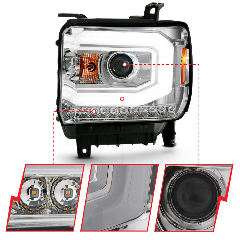 ANZO 2014-2015 GMC Sierra 1500 Projector Headlight in chrome finish, showcasing its sleek plank style design.