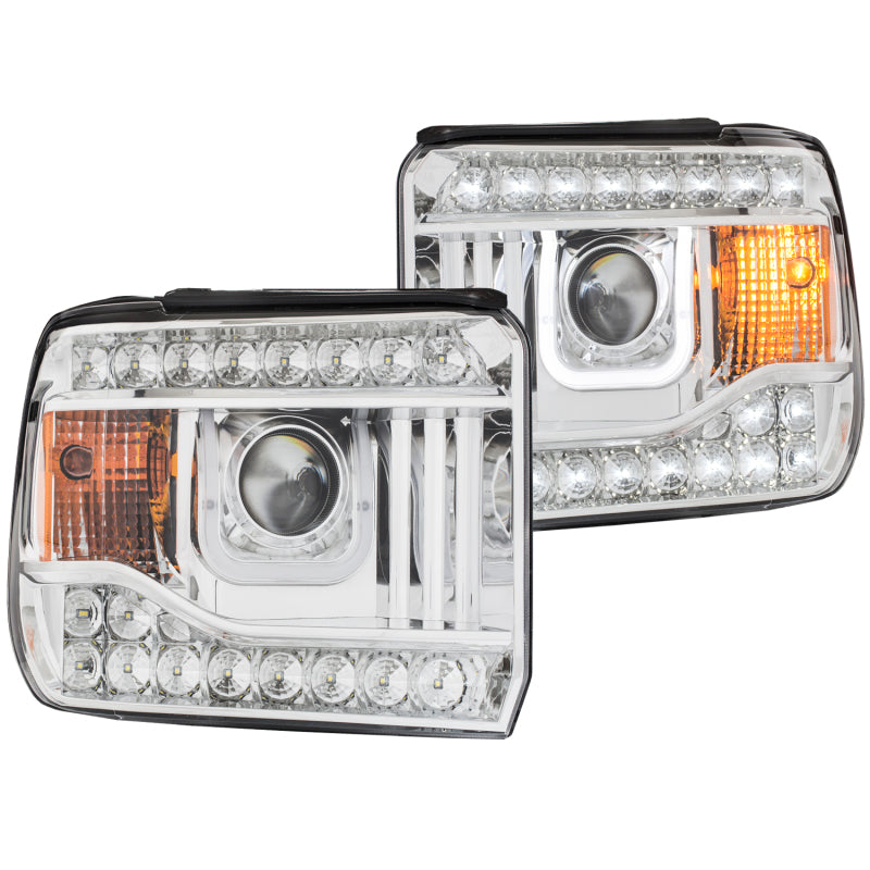 ANZO 2014-2015 GMC Sierra projector headlights with U-Bar chrome design, showcasing clear lens and chrome housing.