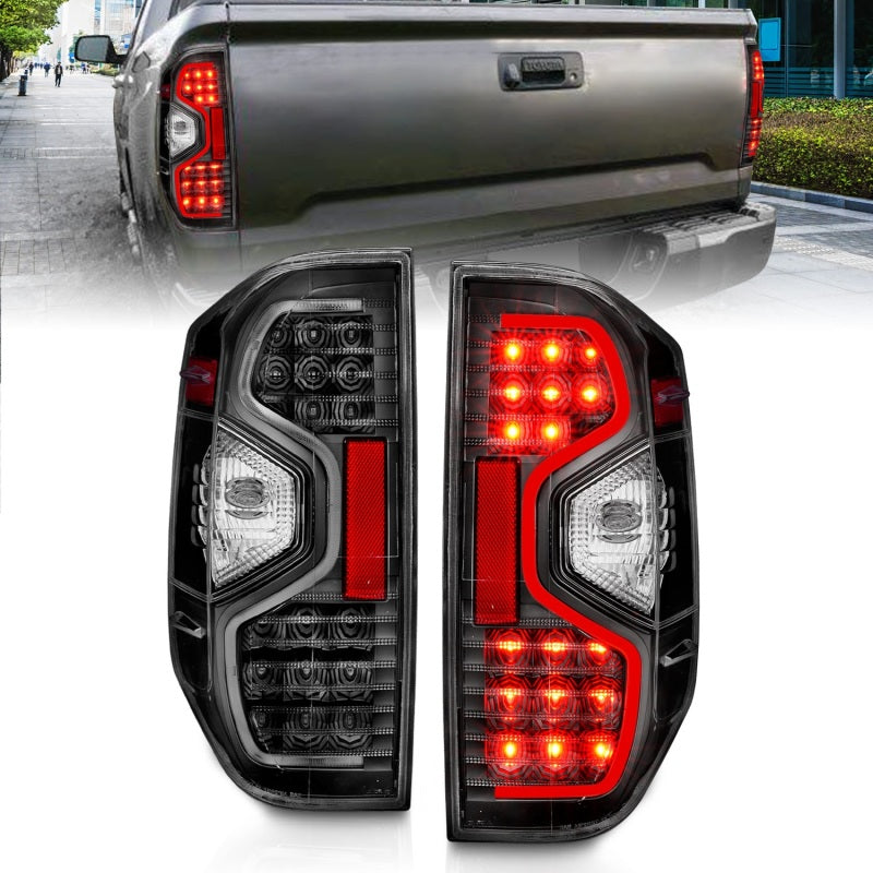 ANZO LED taillights for 2014-2021 Toyota Tundra with black housing and clear lens.