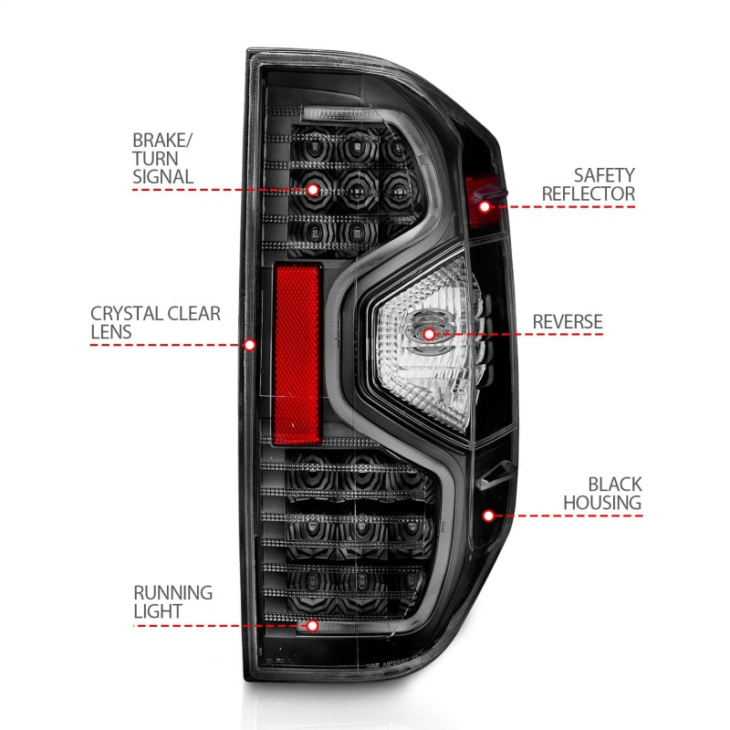 ANZO LED taillights for 2014-2021 Toyota Tundra with black housing and clear lens.