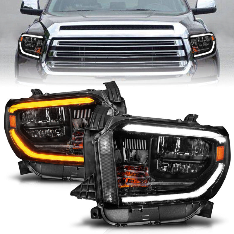 ANZO LED Crystal Headlights for 2014-2017 Toyota Tundra with switchback feature, showcasing a sleek black design.