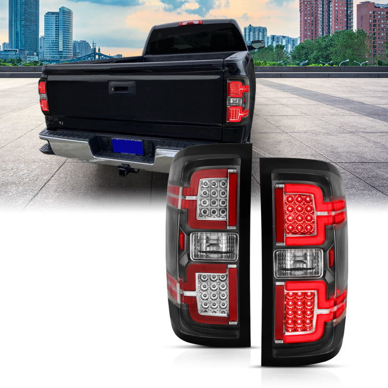 ANZO LED Taillights in Black for 2014-2018 Chevy Silverado 1500, showcasing modern design and bright LED lights.