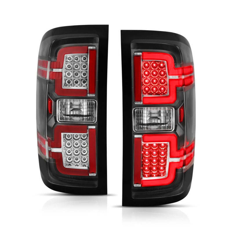 ANZO LED Taillights in Black for 2014-2018 Chevy Silverado 1500, showcasing modern design and bright LED lights.